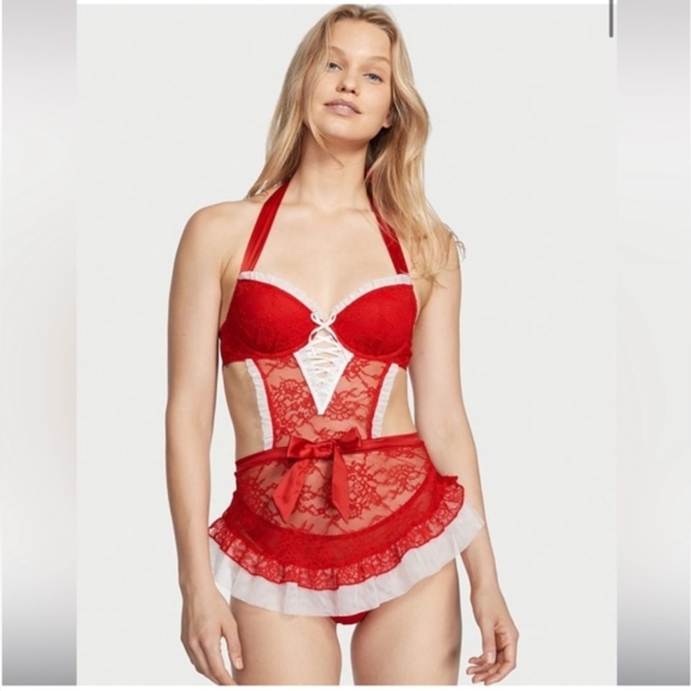 Victoria's Secret Red and White Lace Chemise